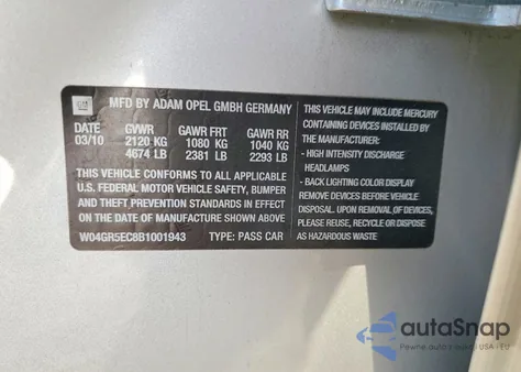 2011 Buick Regal Cxl z USA, uszkodzony, nr VIN W04GR5EC8B1001943